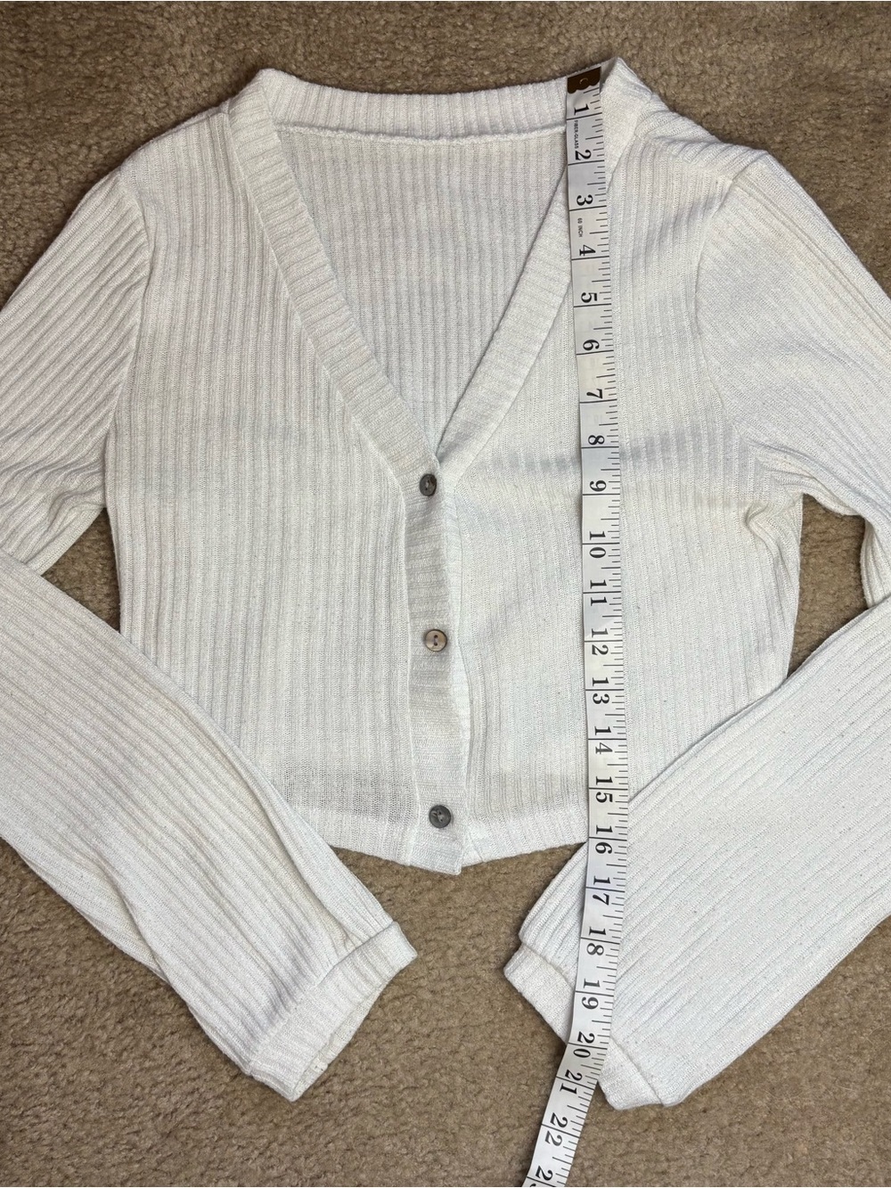 Cropped Cream Ribbed V-Neck Button Cardigan - Picture 6 of 6